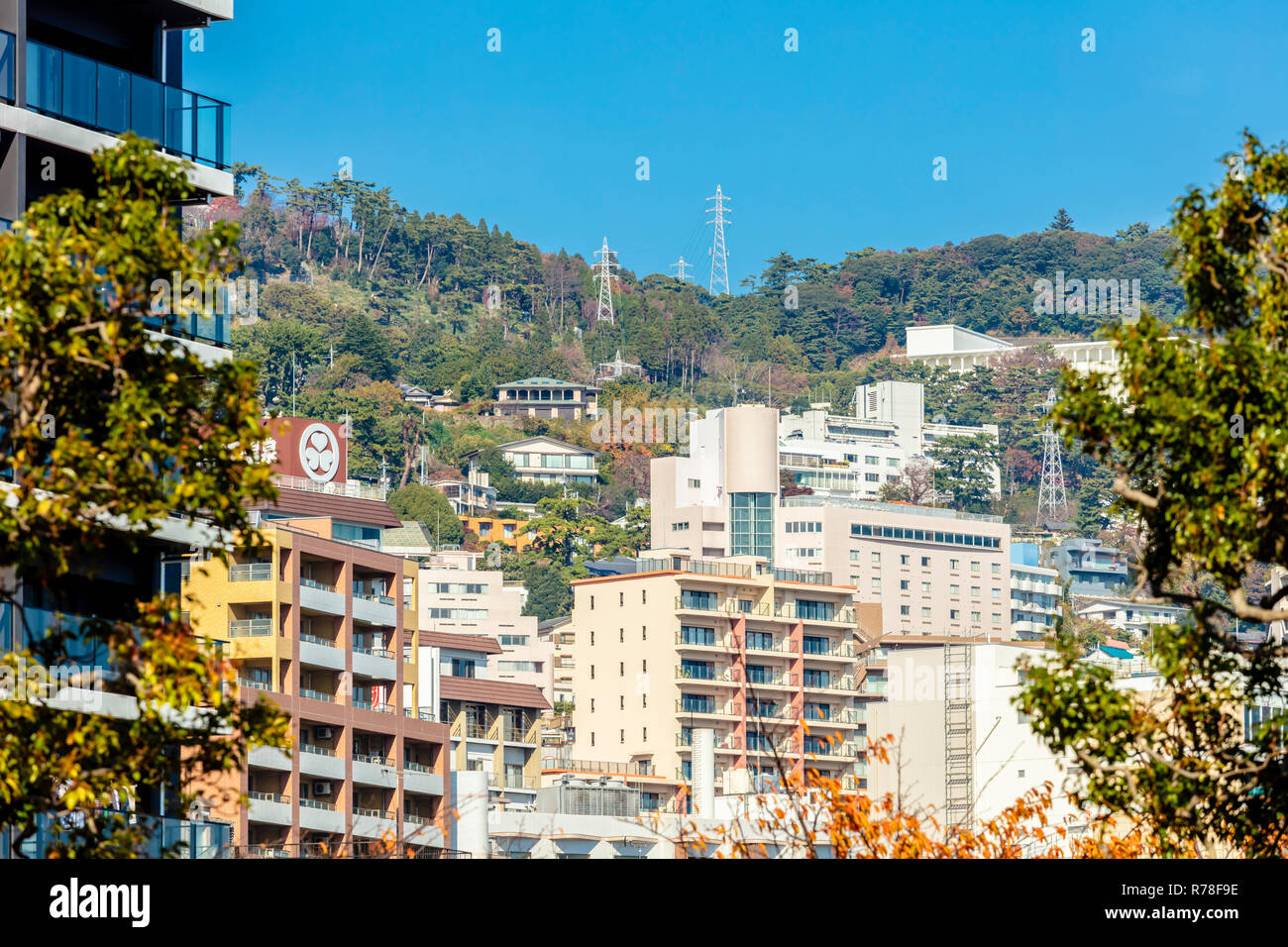 Atami, Shizuoka / Japan - December 1 2018: Aerial cityscape view of Atami beach and city centre, popular onsen leisure resort town in Autumn Stock Photo