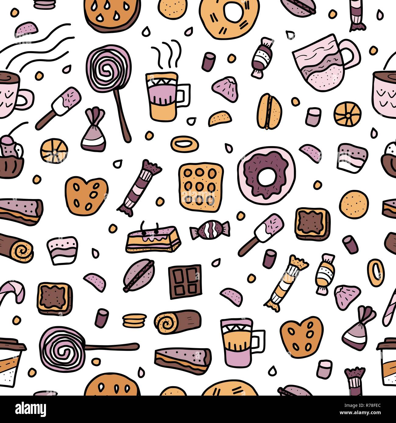 Seamless Pattern Of Desserts Sweets Cakes Donuts Candy And Others Snacks In Doodle Style Endless Background Stock Vector Image Art Alamy