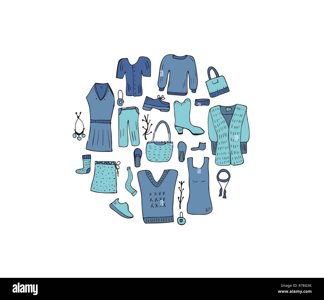 Round badge with woman clothes and accessories set in doodle style ...