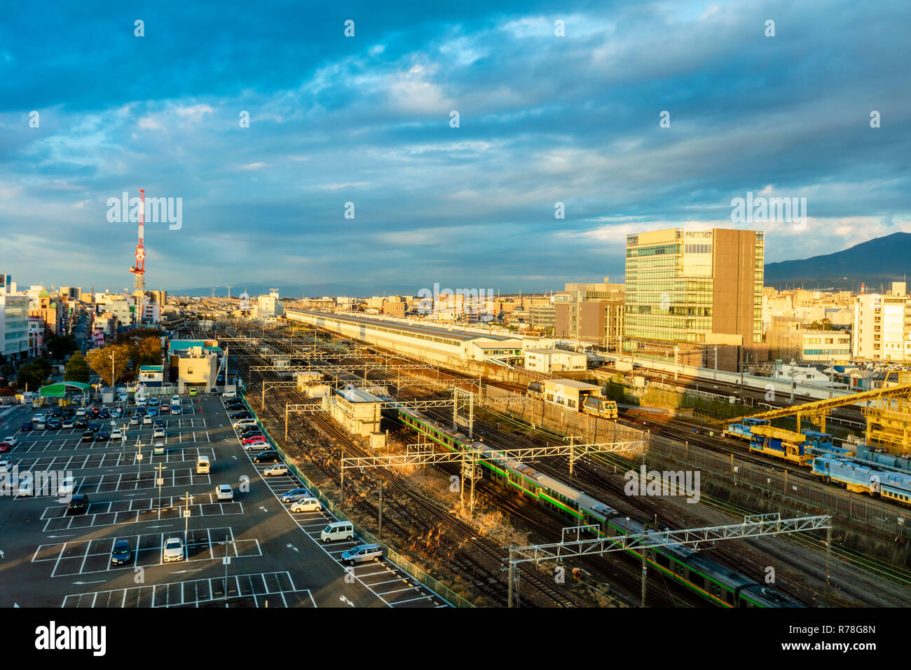 Mishima, Shizuoka / Japan - December 1 2018: Mishima city centre dense buildings featuring Mishima JR railway shinkansen Station Stock Photo