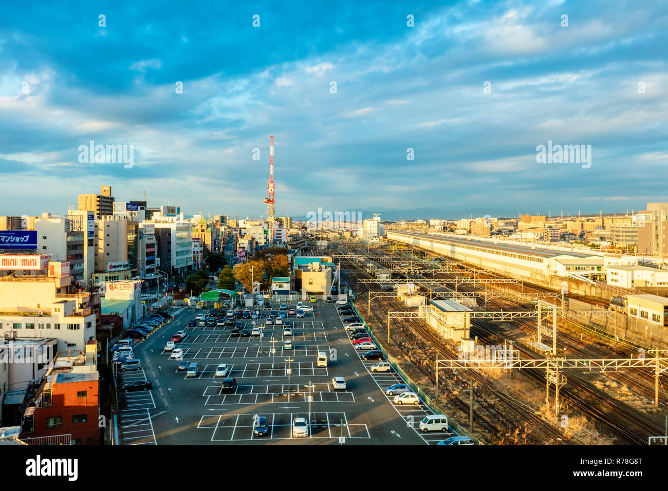 Mishima, Shizuoka / Japan - December 1 2018: Mishima city centre dense buildings featuring Mishima JR railway shinkansen Station Stock Photo