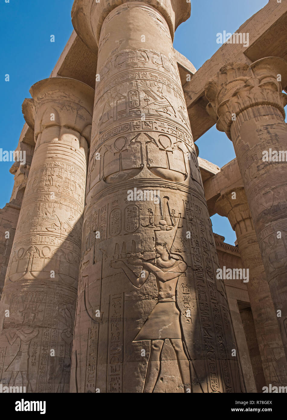 Hypostyle Column Columns with hieroglyphic carvings in hypostyle hall at anciant ...