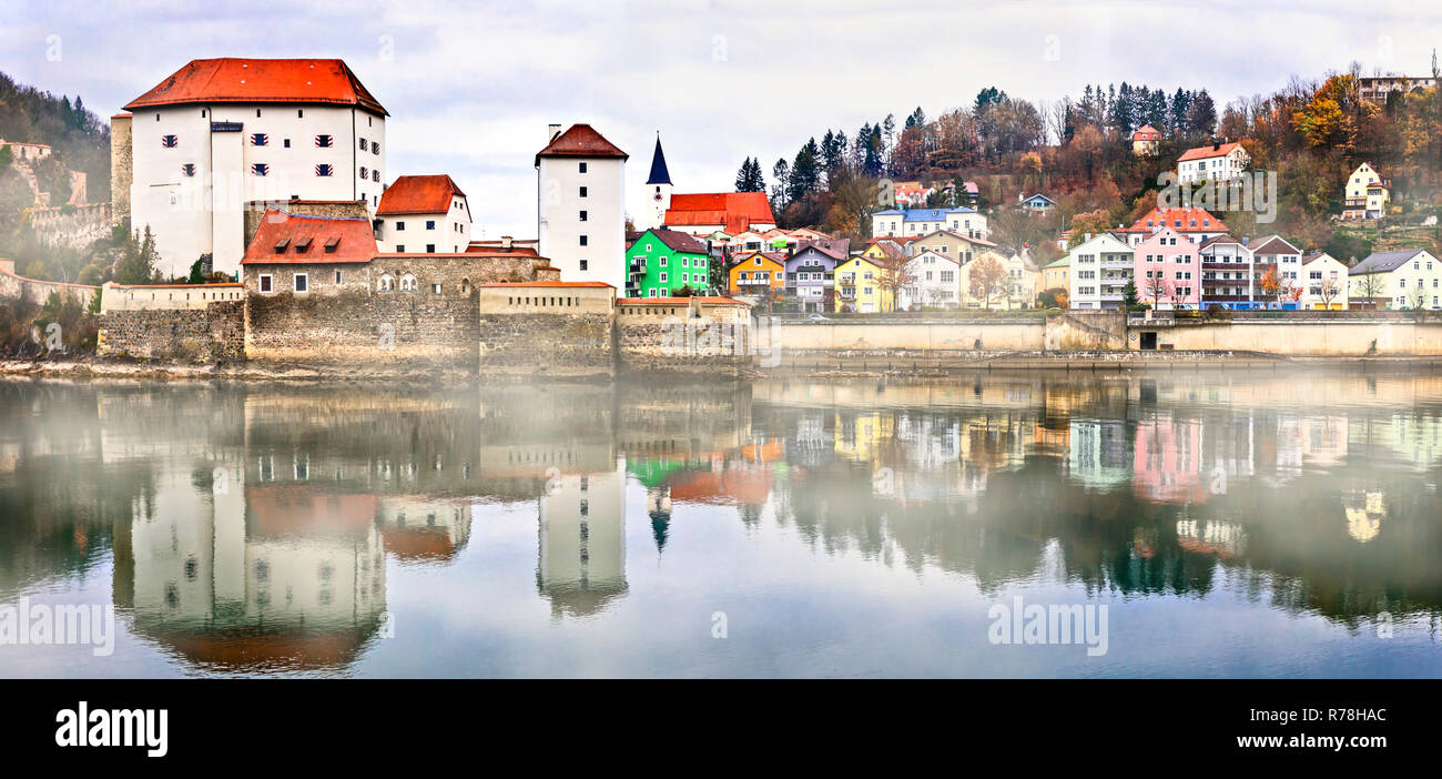 Traditional houses and Danube river in Passau old town,Bavaria,Germany. Stock Photo