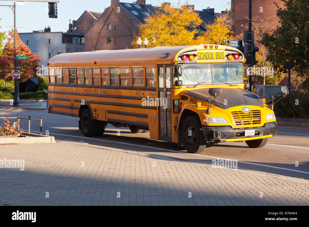 Yellow American School bus, Boston, Massachusetts, United States of America. Stock Photo