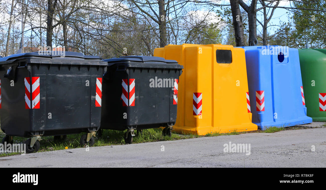 bins for waste paper collection and for the collection of used plastic and glass Stock Photo
