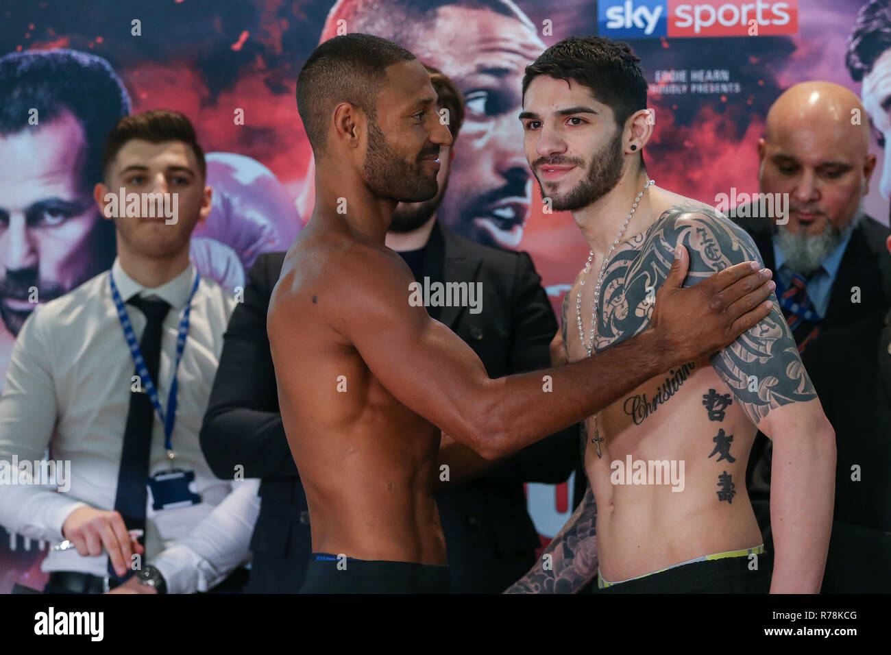 Kell Brook puts his hand on Michael Zerafa during the Kell Brook and Michael Zerafa Matchroom Boxing weigh in at the Millennium Gallery, Sheffield. Pi Stock Photo