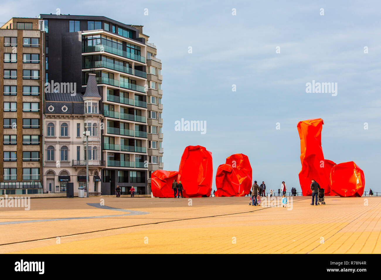 'Rock Strangers', artwork, metal installation by the Flemish artist Arne Quinze, beach promenade, Oostende, Flanders, Belgium Stock Photo