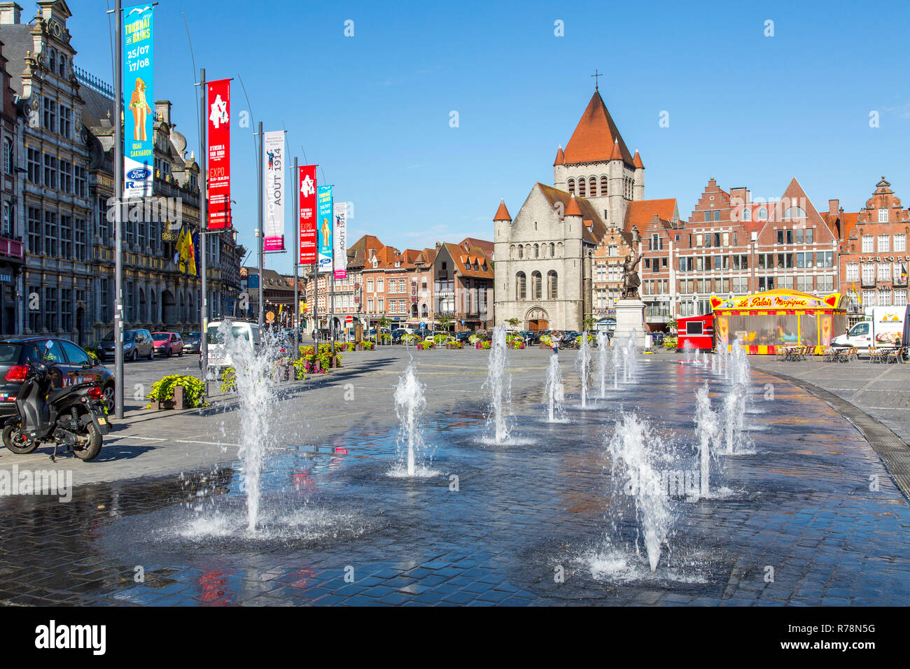 Grand Place, Church of St. Quentin, water games, the Cloth Hall, Halle aux Draus, on the left, historic centre, Tournai, Hainaut Stock Photo