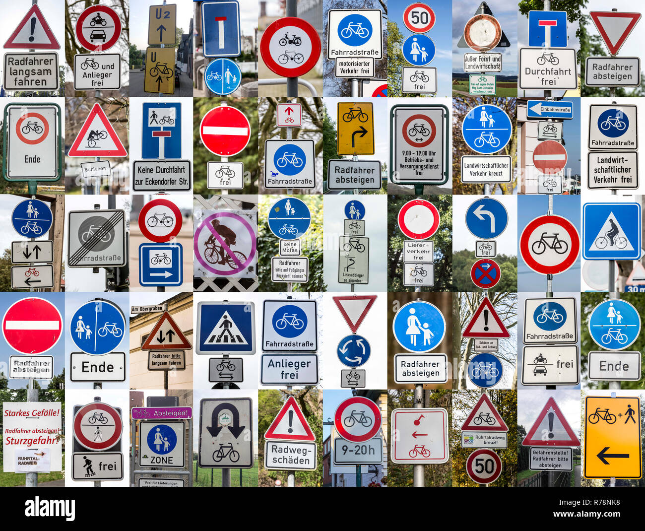 Collage of various road signs and signs for cyclists Stock Photo Alamy