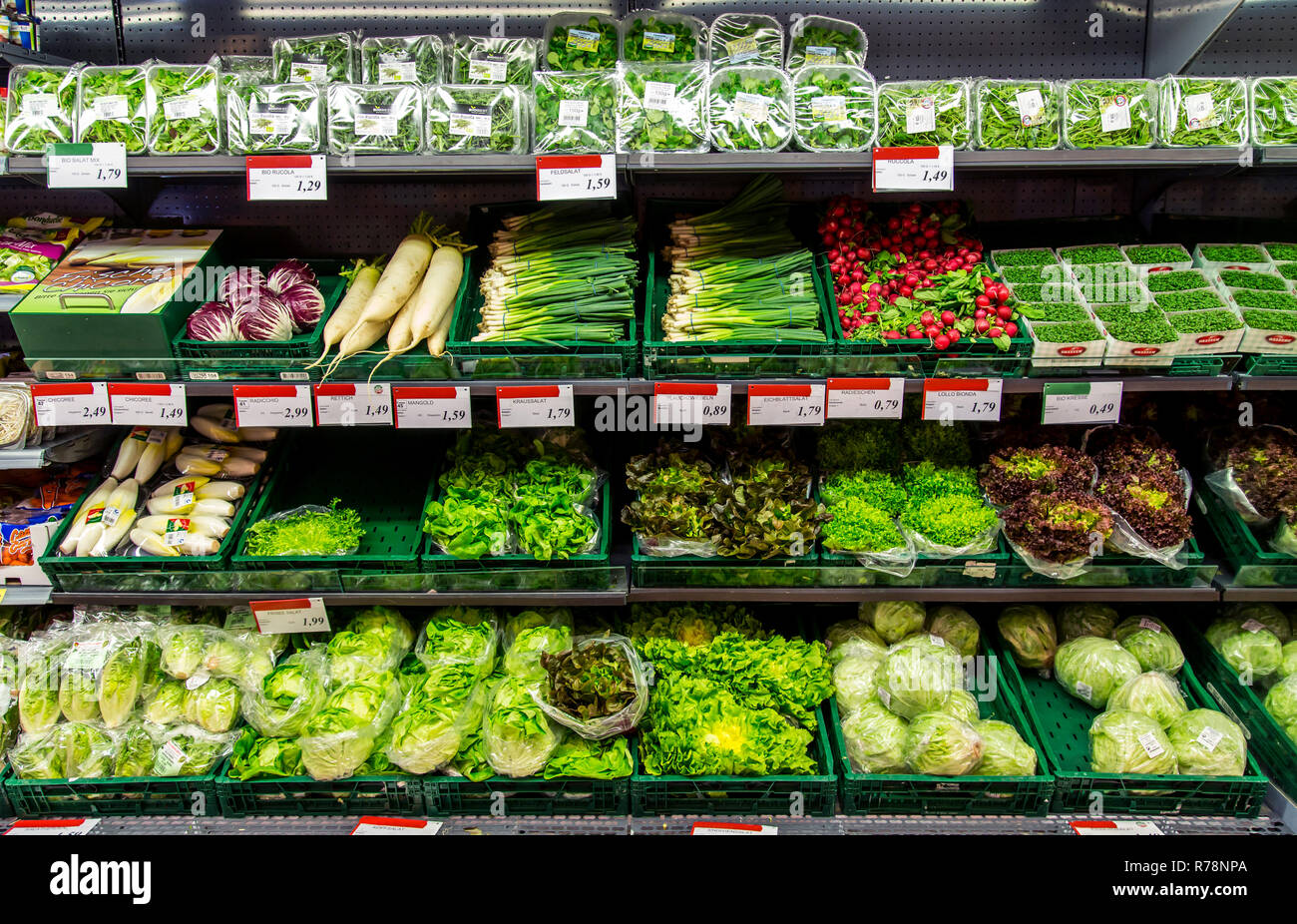 Shelves with various fresh vegetables, supermarket, Germany Stock Photo