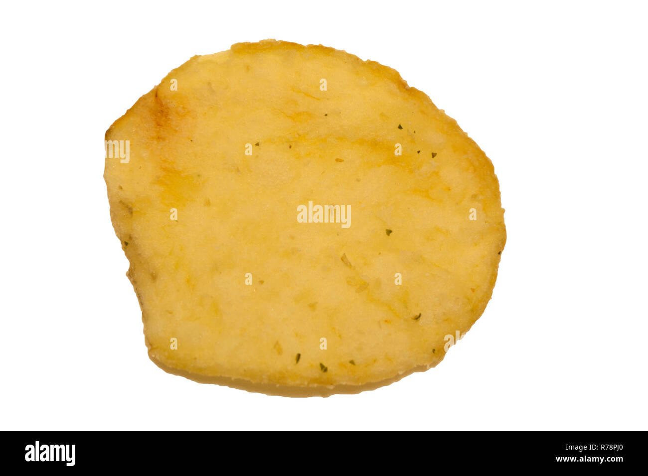 Single potato chip on white background close-up Stock Photo