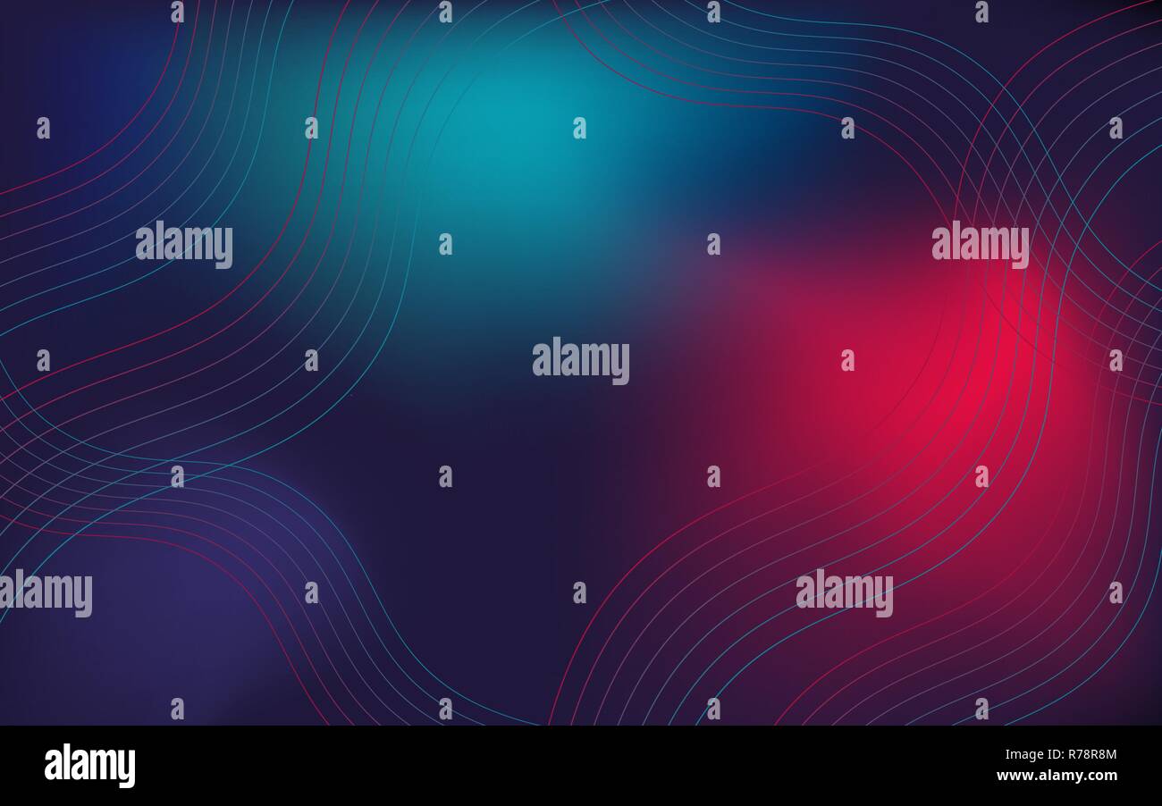 Wavy, geometric background, modern gradient, curved shape, in blue and red neon hues. Horizontal banner, website cover, page. Stock Vector