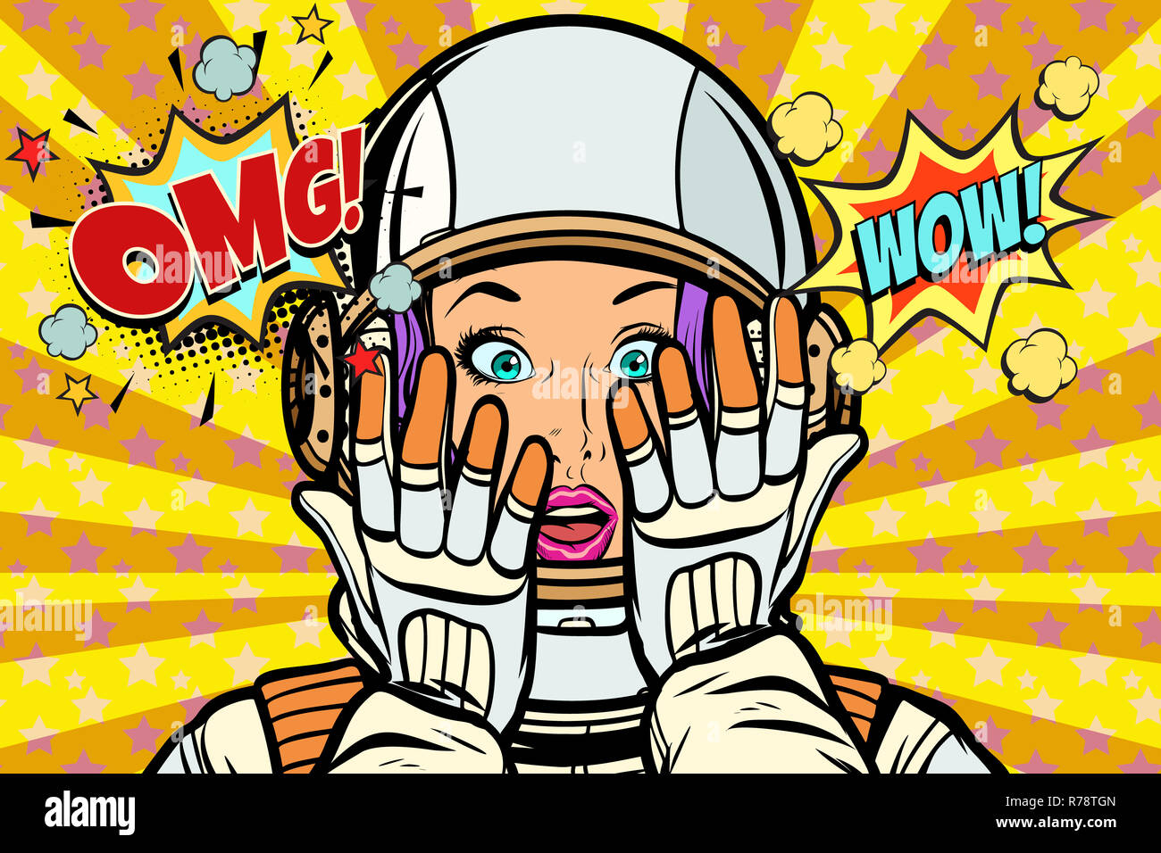 OMG wow pop art woman astronaut Stock Photo