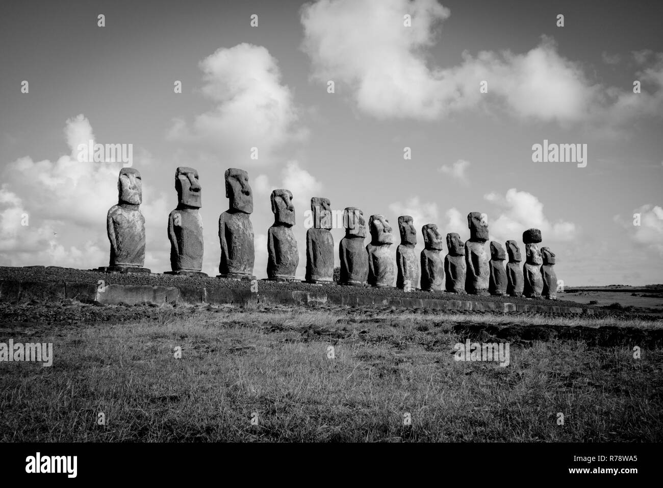 Moais statues, ahu Tongariki, easter island. Black and white picture Stock Photo