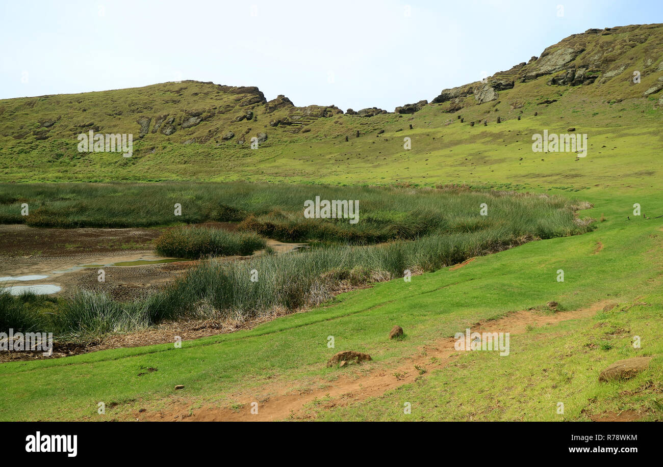 Lake Raraku The crater lake with many abandoned Moai statues on the opposite slope ...