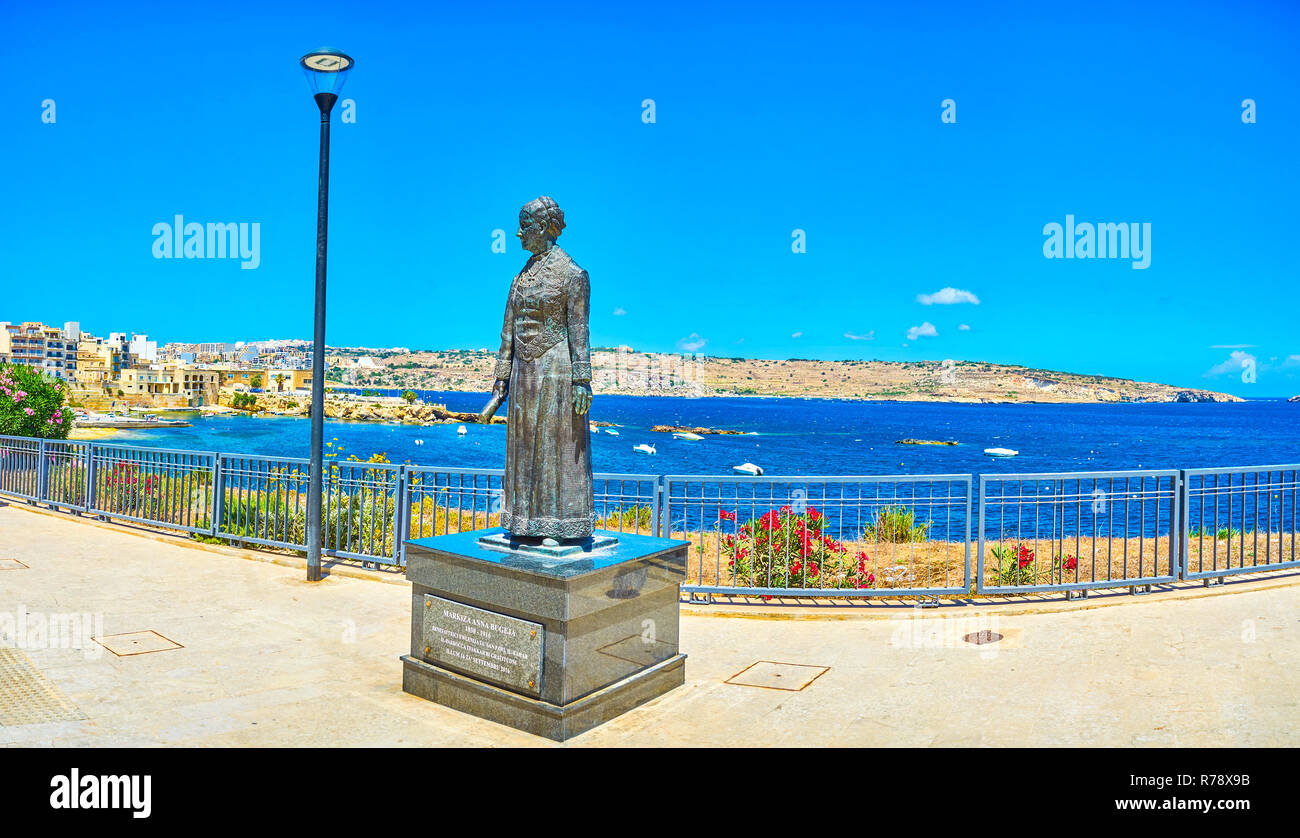 BUGIBBA, MALTA - JUNE 14, 2018: The monument to Markiza Anna Bugeja, fomous noblewoman and maecenas, located on San Frangick promenade, on June 14 in  Stock Photo