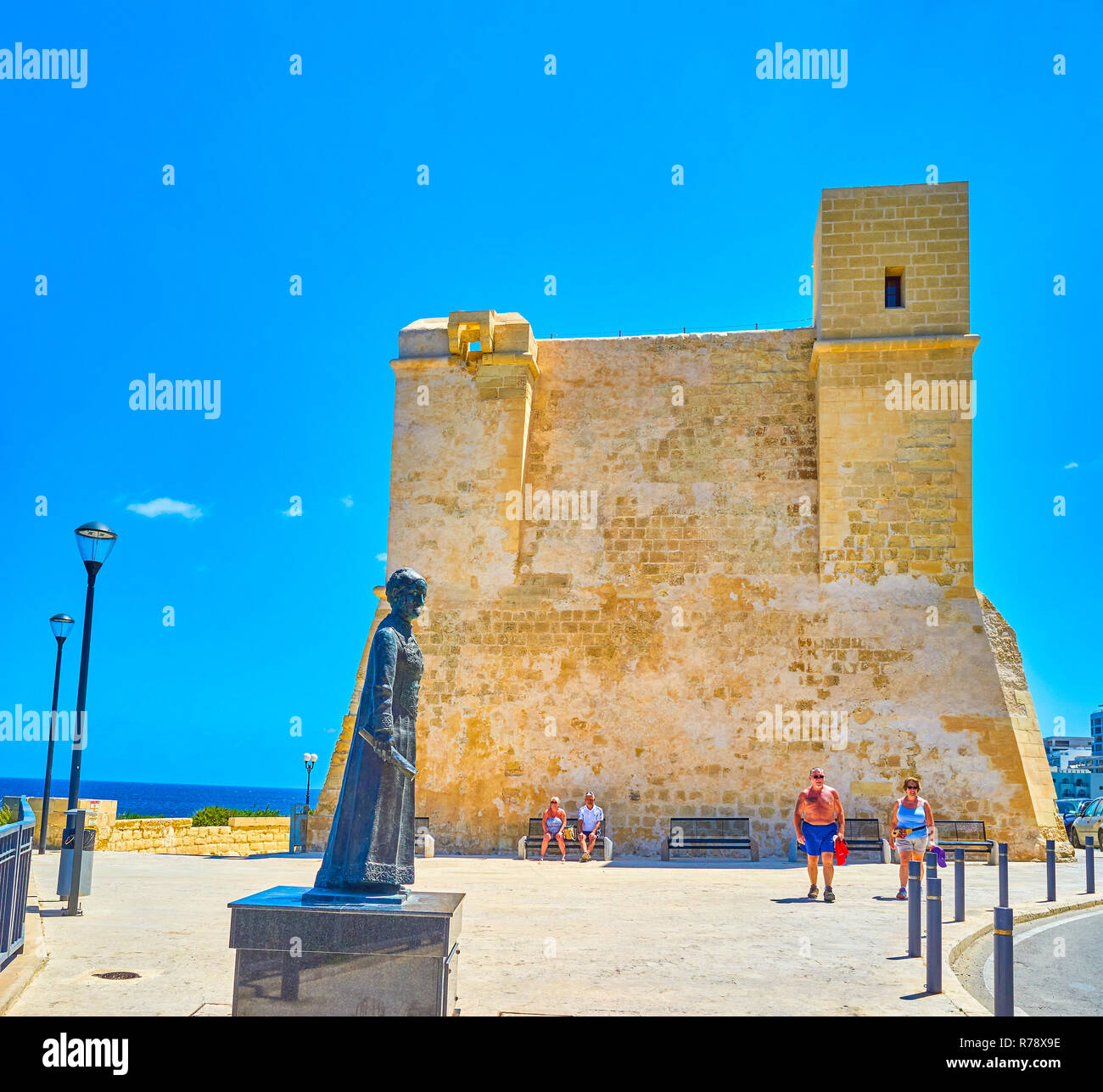 BUGIBBA, MALTA - JUNE 14, 2018: The Wignacourt Tower was  important fortified structures in north of Malta, nowadays is a popular tourist destination  Stock Photo