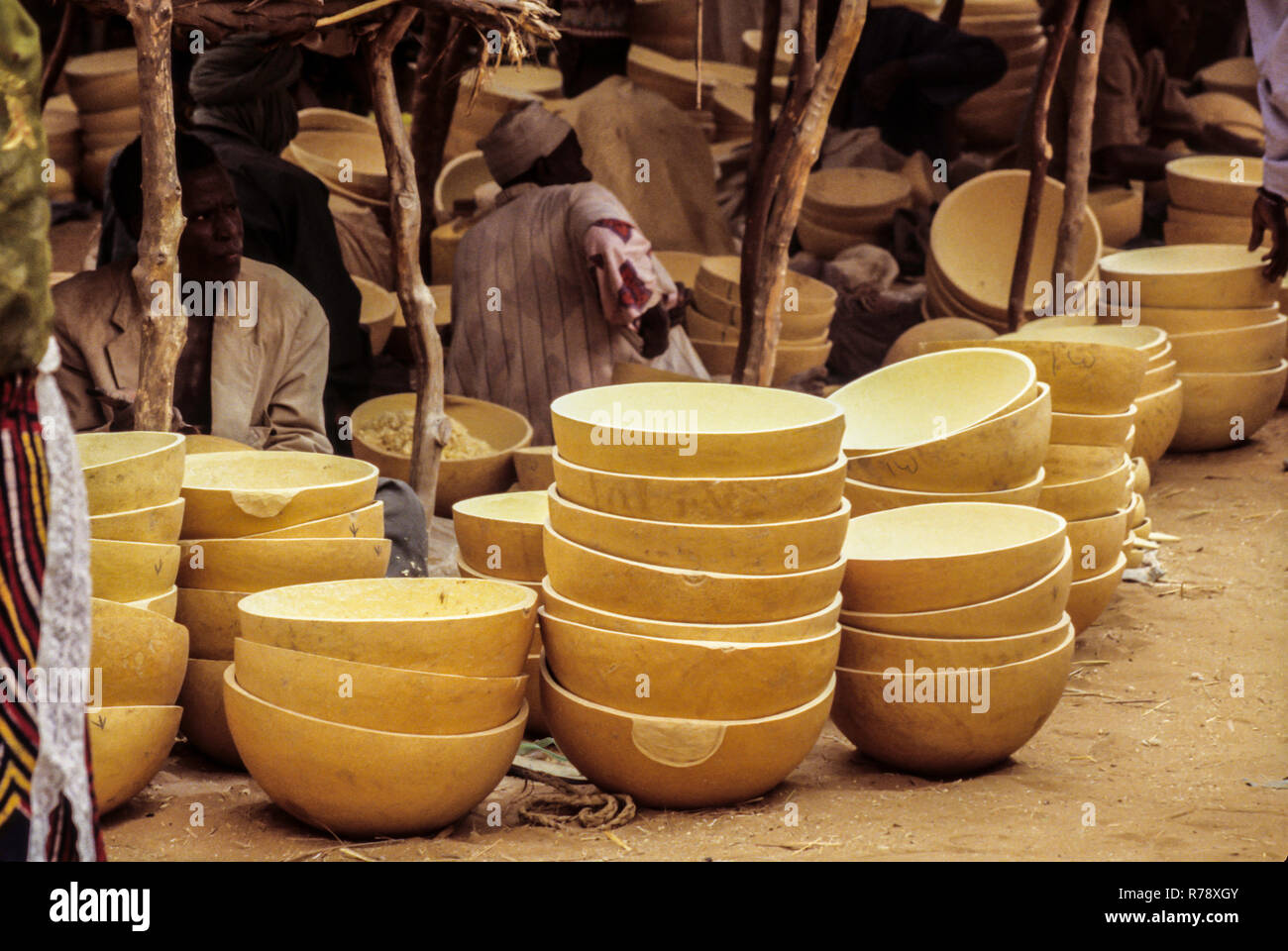 Baleyara, Niger.  Calabashes for Sale in the Market, an essential utensil in a rural Nigerien home. Stock Photo