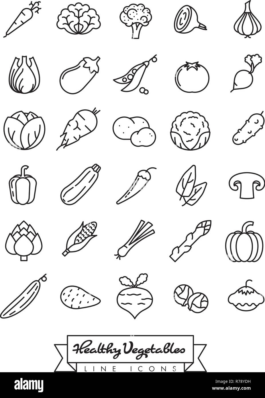 Collection of vegetables outline vector icons isolated on white background Stock Vector