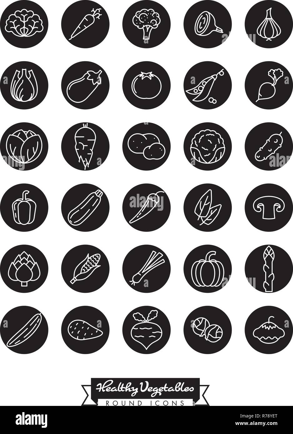 Collection of vegetables line icons negative in black circles Stock ...