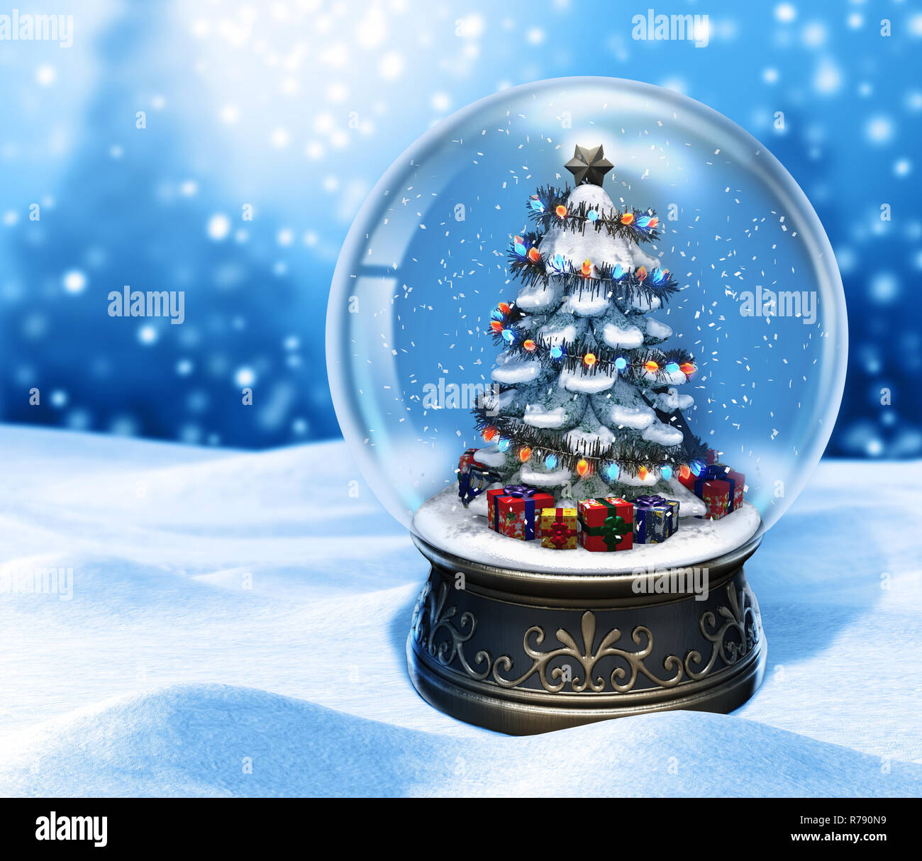 Magical Snow Globe with Christmas Tree on Blue Background, 3d render ...