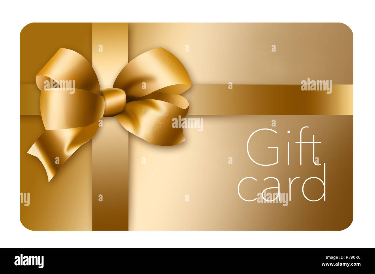 A gold gift card with a gold bow and ribbon is pictured here isolated