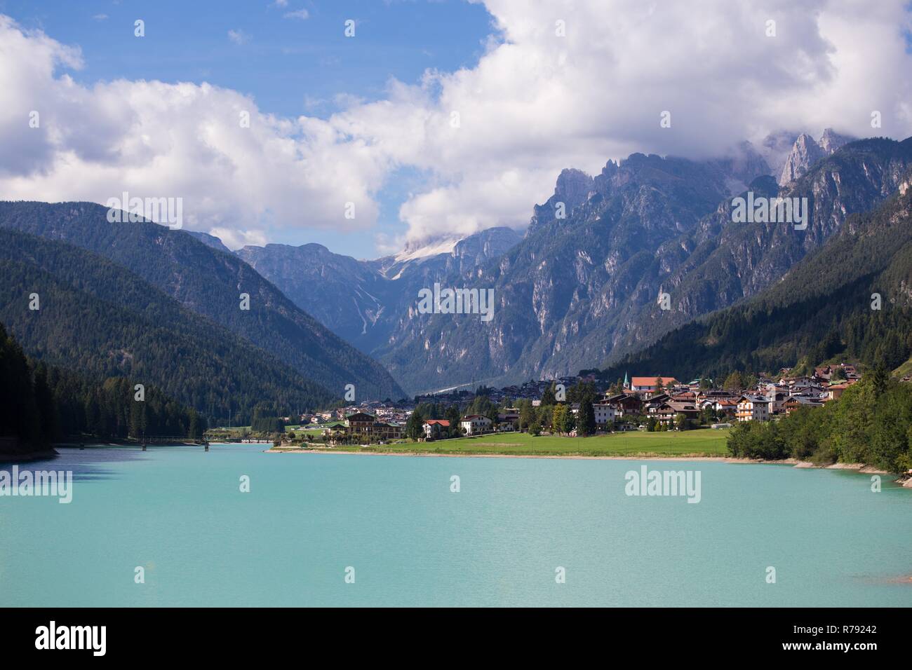 view of italian  town Auronzo di Cadore on a lake Santa Caterina Stock Photo