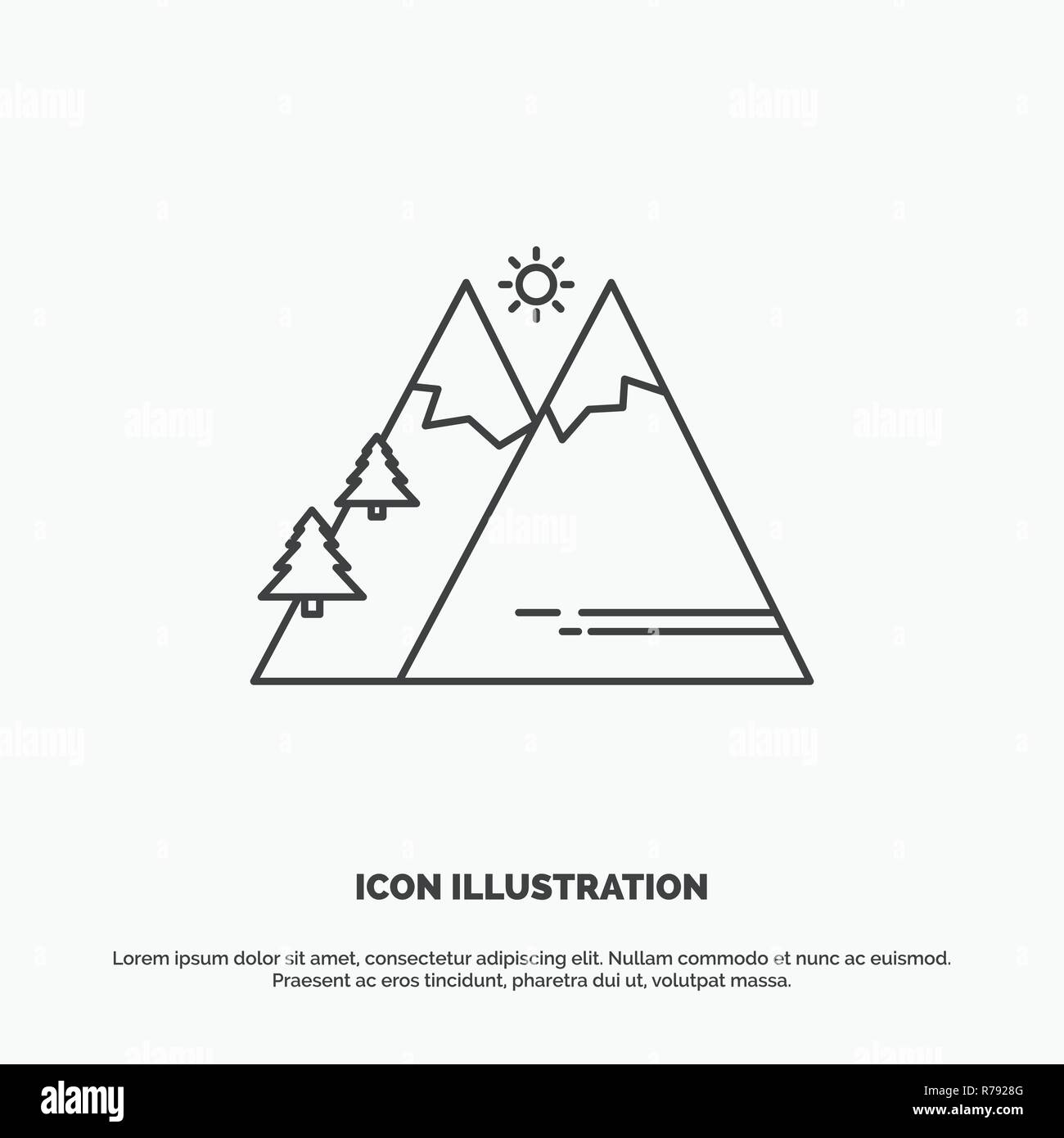 Mountains, Nature, Outdoor, Sun, Hiking Icon. Line vector gray symbol for UI and UX, website or mobile application Stock Vector