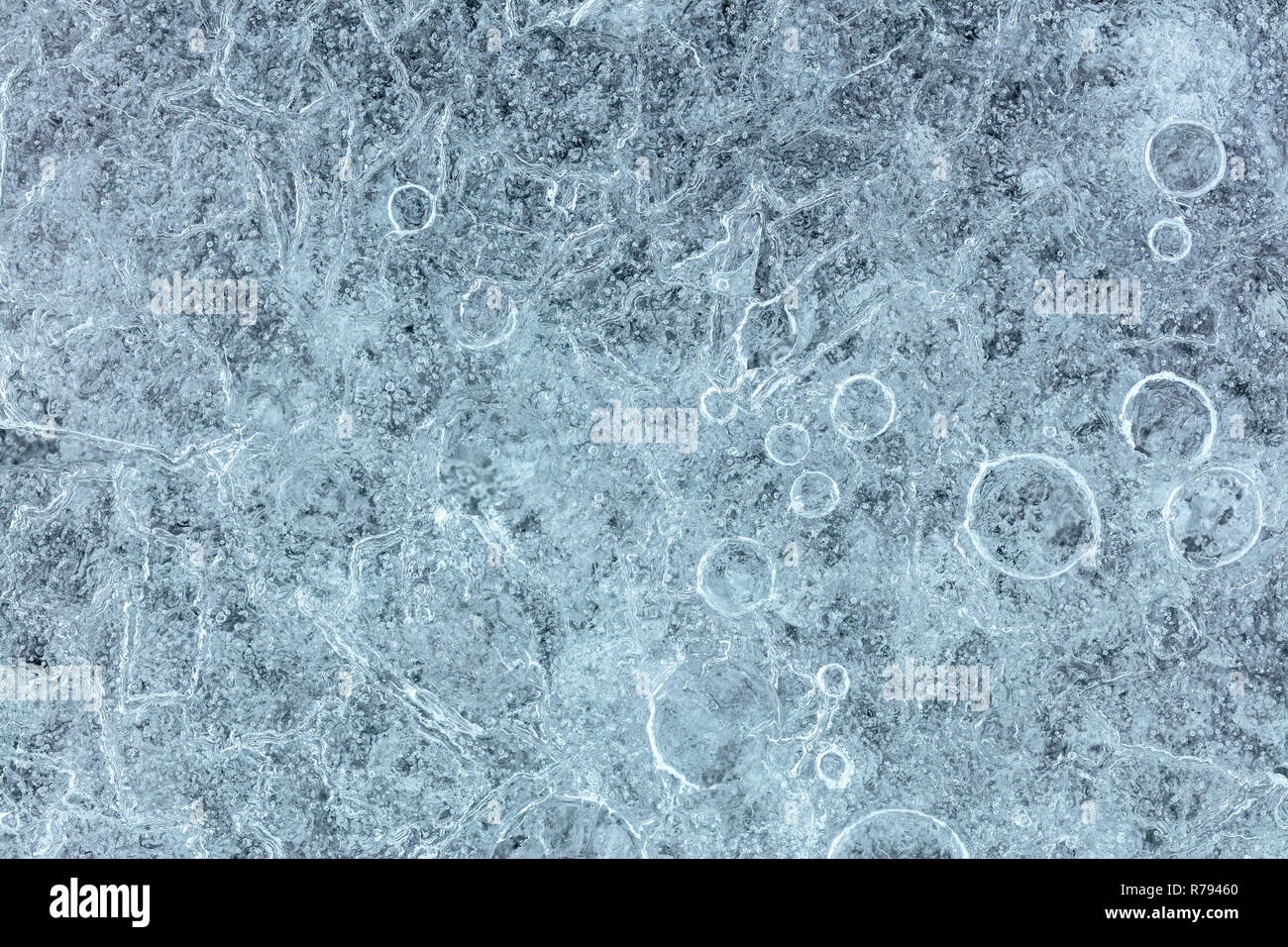 Melting ice on river surface macro view. Cold ice crystal pattern background Stock Photo