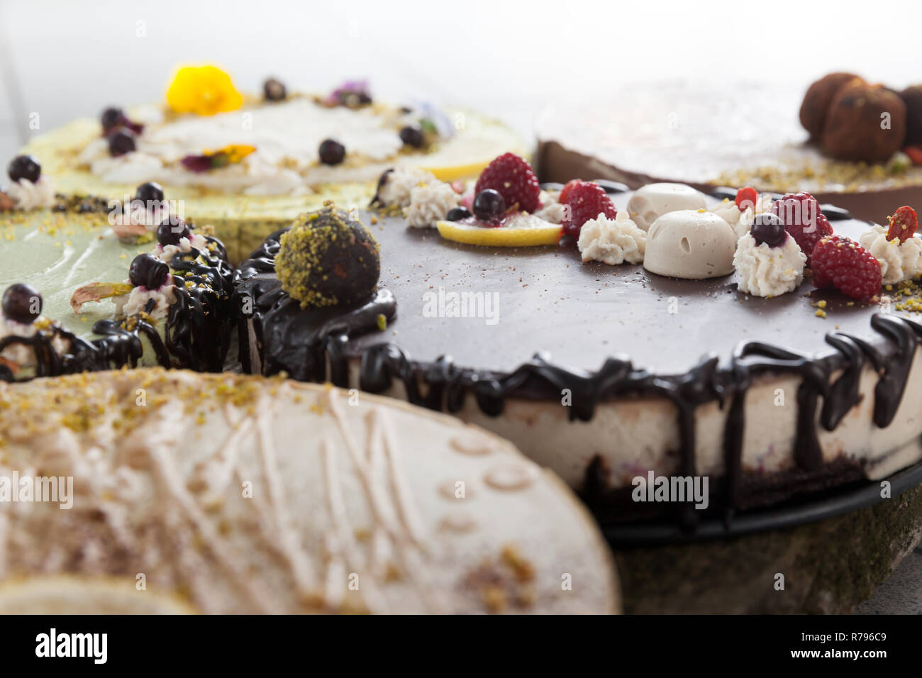 Delicious Raw Vegan Cakes With Lovely Decorations On It Stock Photo Alamy