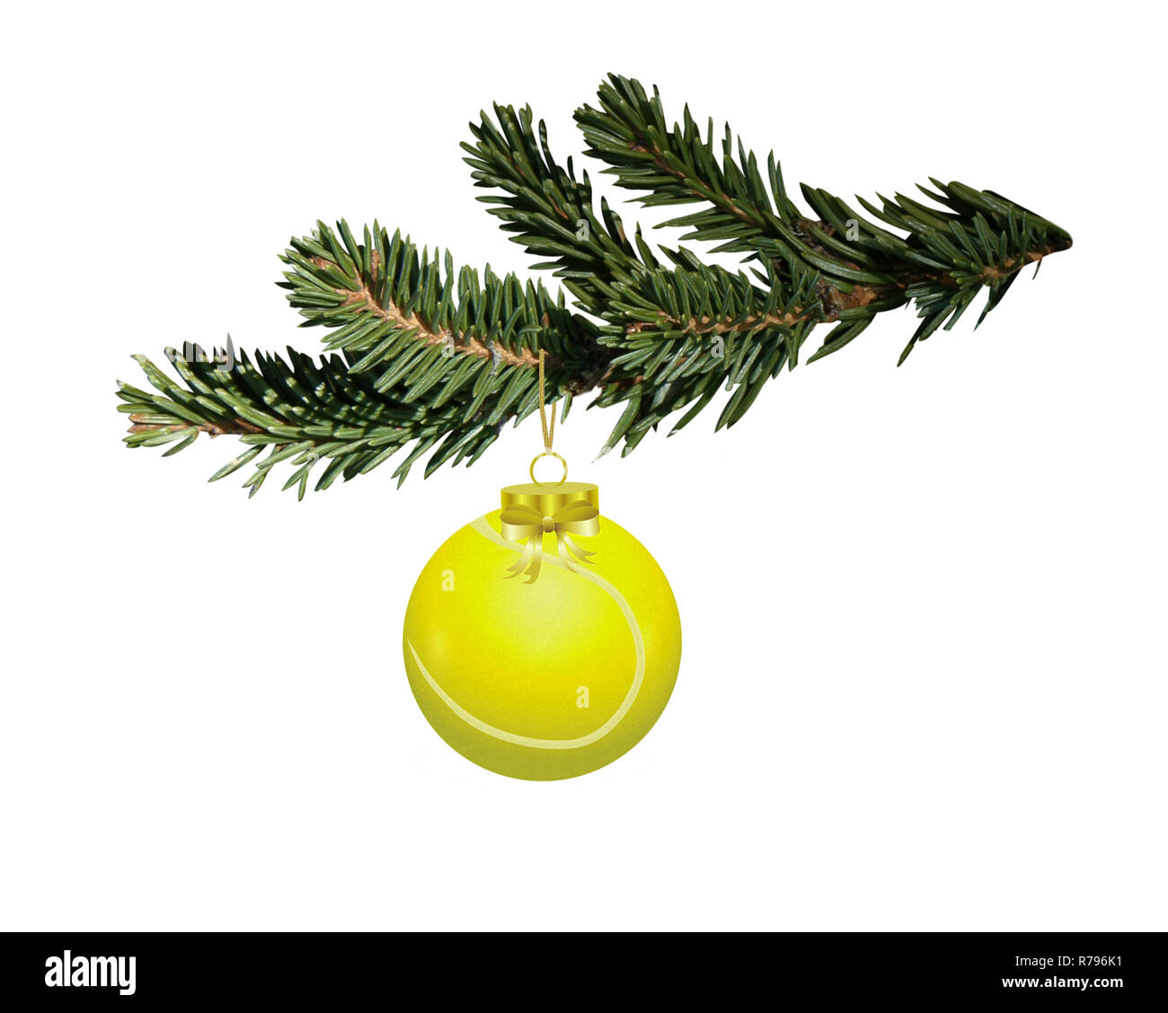 Tennis christmas ball hanging on the fir branch, Sports steeling cars Stock Photo