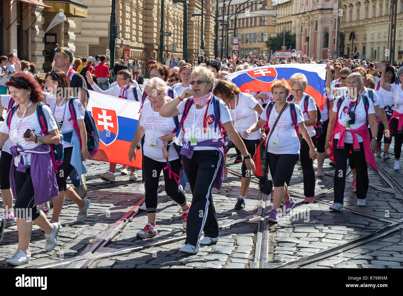 PRAGUE, CZECH REPUBLIC - JULY 1, 2018: Visitors from Slovakia parading at Sokolsky Slet, a once-every-six-years gathering of the Sokol movement - a Cz Stock Photo