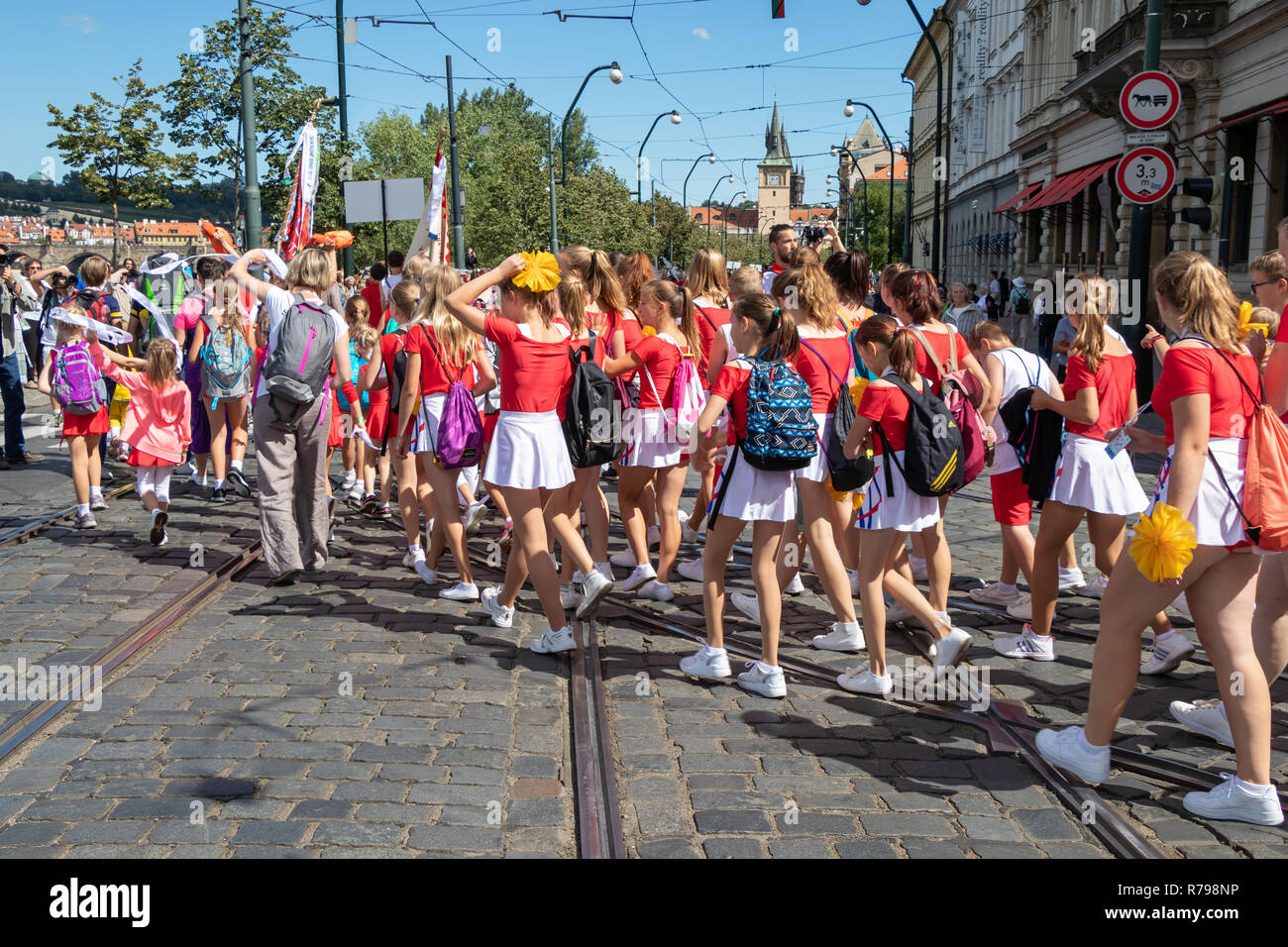 PRAGUE, CZECH REPUBLIC - JULY 1, 2018: Teenagers parading at Sokolsky Slet, a once-every-six-years gathering of the Sokol movement - a Czech sports as Stock Photo
