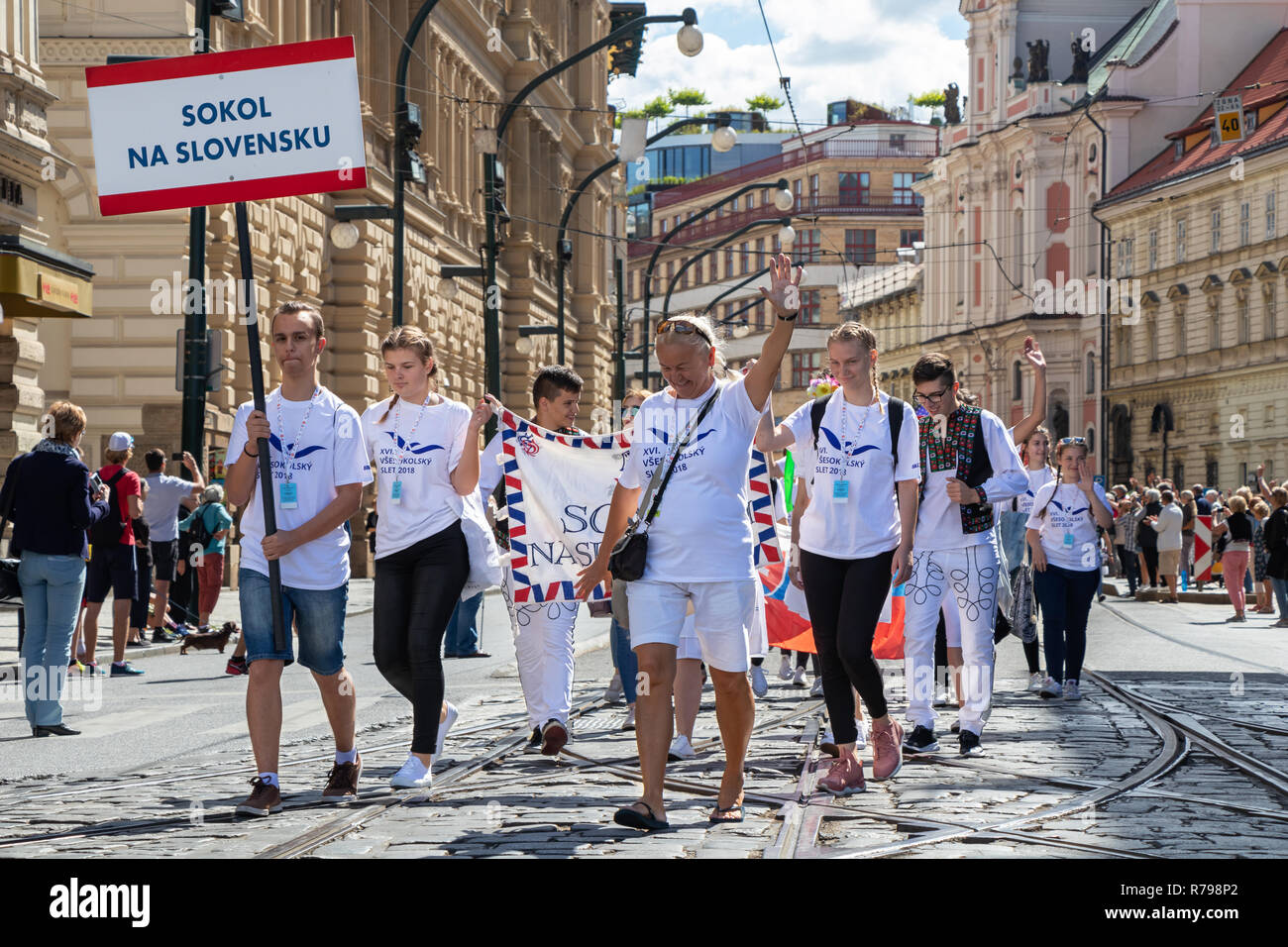 PRAGUE, CZECH REPUBLIC - JULY 1, 2018: Visitors from Slovakia parading at Sokolsky Slet, a once-every-six-years gathering of the Sokol movement - a Cz Stock Photo