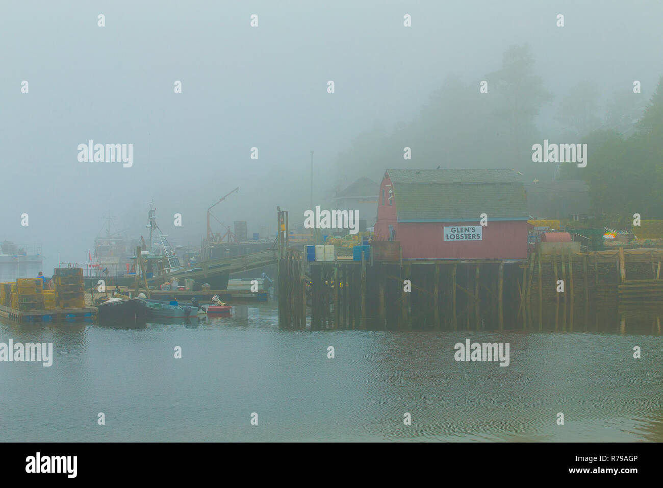 Red Lobster Barn Pier And Traps In Fog Located In Mackerel Cove