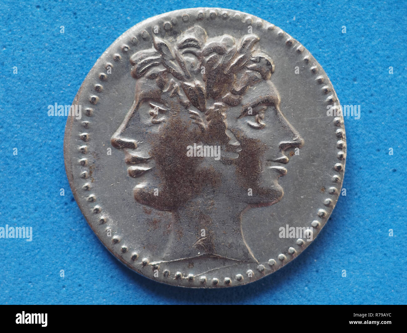 ancient roman coin with Janus Bifrons god Stock Photo