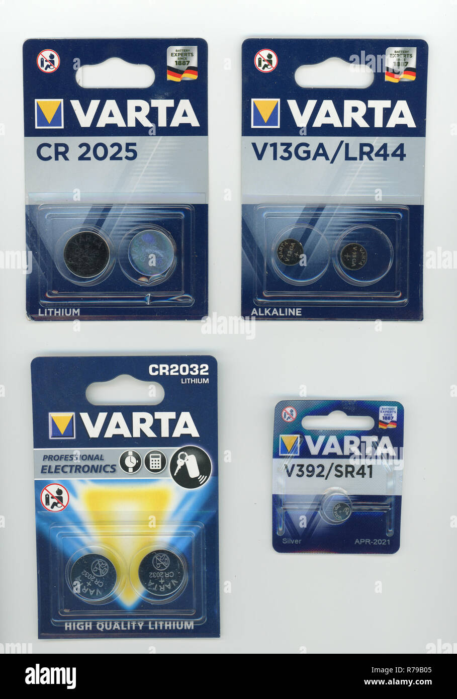 BERLIN, GERMANY - CIRCA NOVEMBER 2018: Varta CR2025, CR2032, V13GA, LR44,  V392, SR41 lithium batteries Stock Photo - Alamy