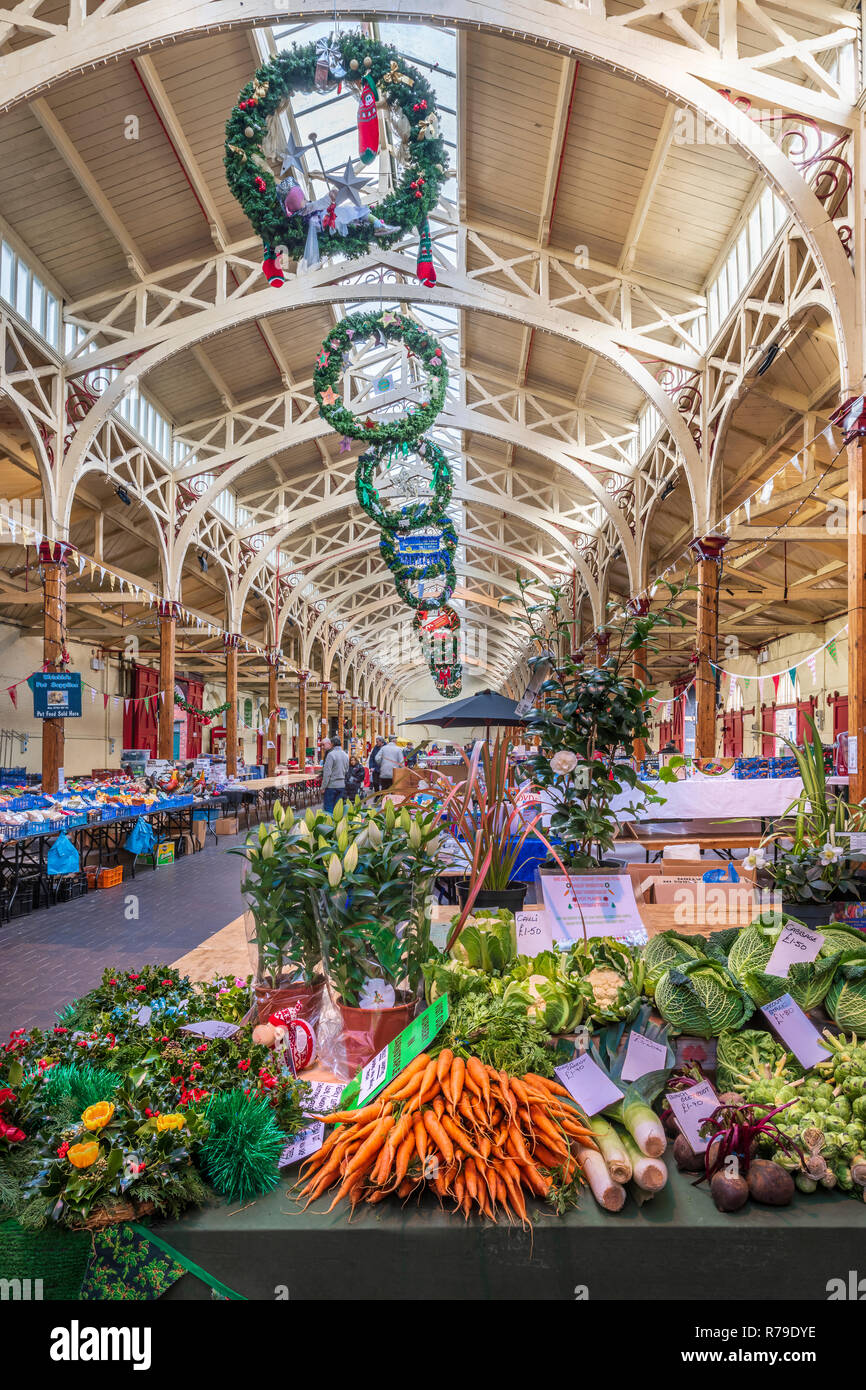 The historic Pannier Market at Barnstaple has remained largely unchanged for over 150 years. Produce was traditionally brought to market in wicker bas Stock Photo