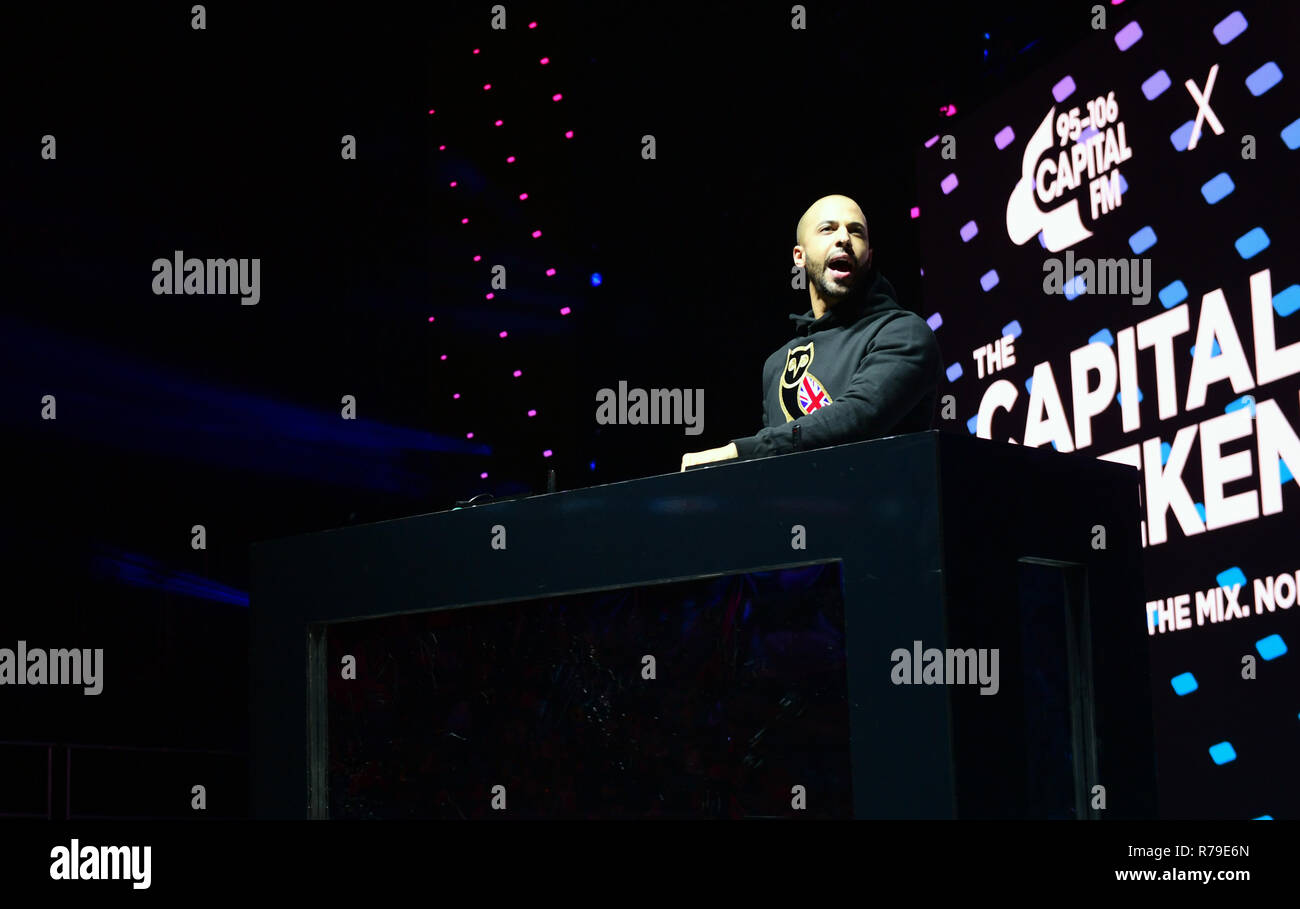 Marvin Humes on stage during day one of Capital's Jingle Bell Ball with Coca-Cola at London's O2 Arena. PRESS ASSOCIATION Photo. Night one of the event saw performances from Liam Payne, Rita Ora, Ellie Goulding and David Guetta. Picture date: Saturday December 8, 2018. See PA story SHOWBIZ Jingle Bell. Photo credit should read: Ian West/PA Wire on stage during day one of Capital's Jingle Bell Ball with Coca-Cola at London's O2 Arena. PRESS ASSOCIATION Photo. Night one of the event saw performances from Liam Payne, Rita Ora, Ellie Goulding and David Guetta. Picture date: Saturday December 8, 20 Stock Photo