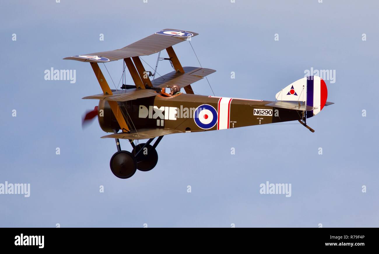 Sopwith Triplane flying at the 2018 Military Pageant Airshow at Old Warden Stock Photo