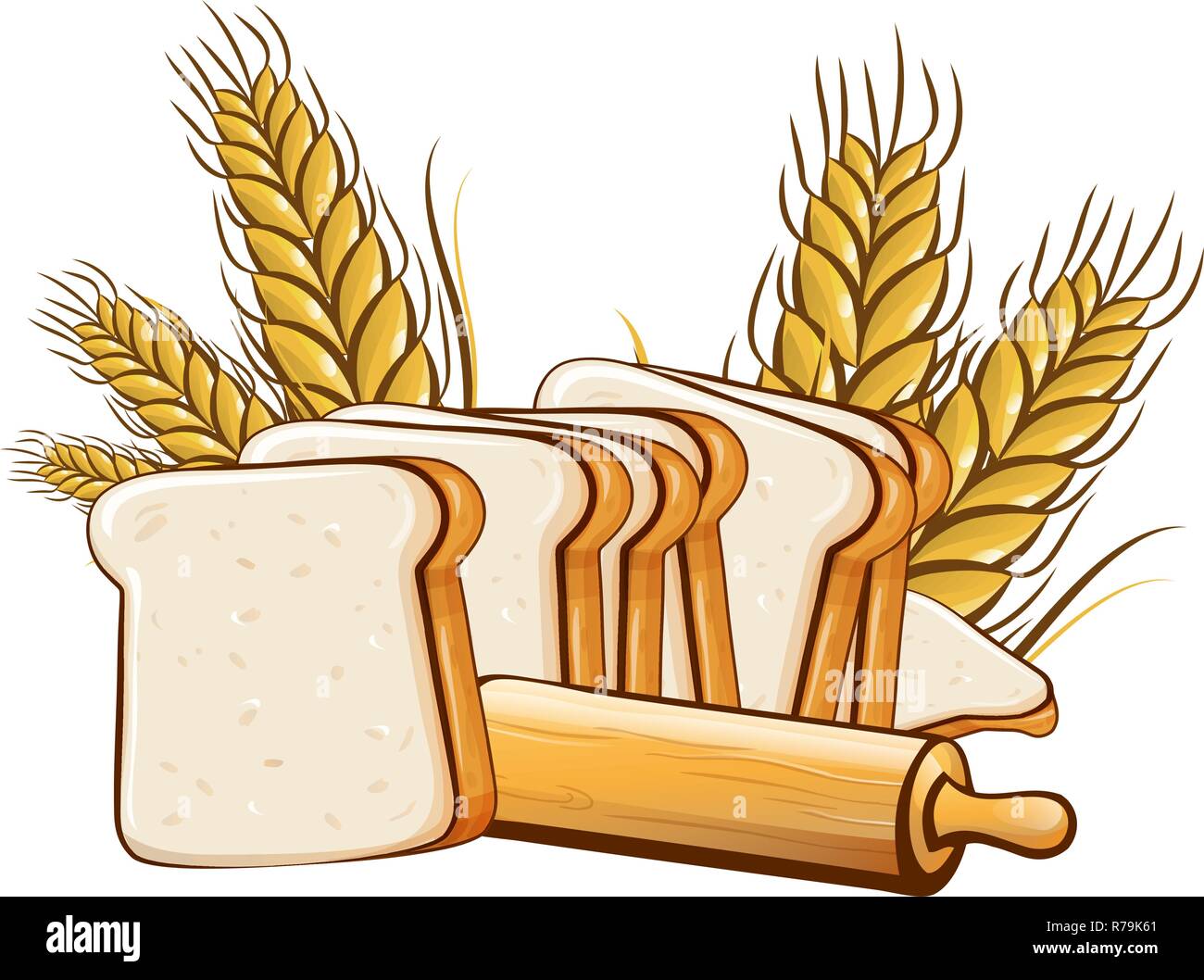 slices bread with rolling pin isolated on white background Stock Vector