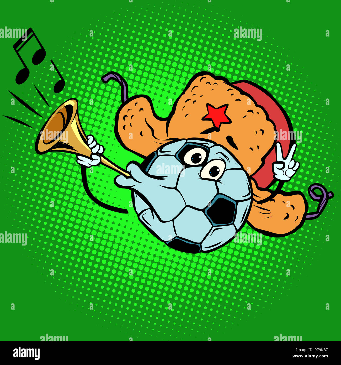 Russian Fan horn, loud sound. Character soccer ball football Stock Photo