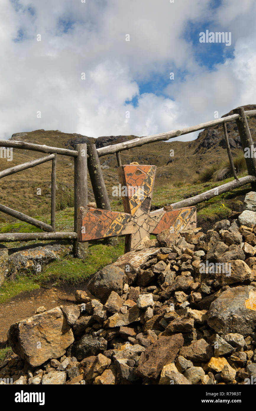 Cross to ward off bad spirits at high pass of Cajas National Park, Ecuador, 2018 Stock Photo