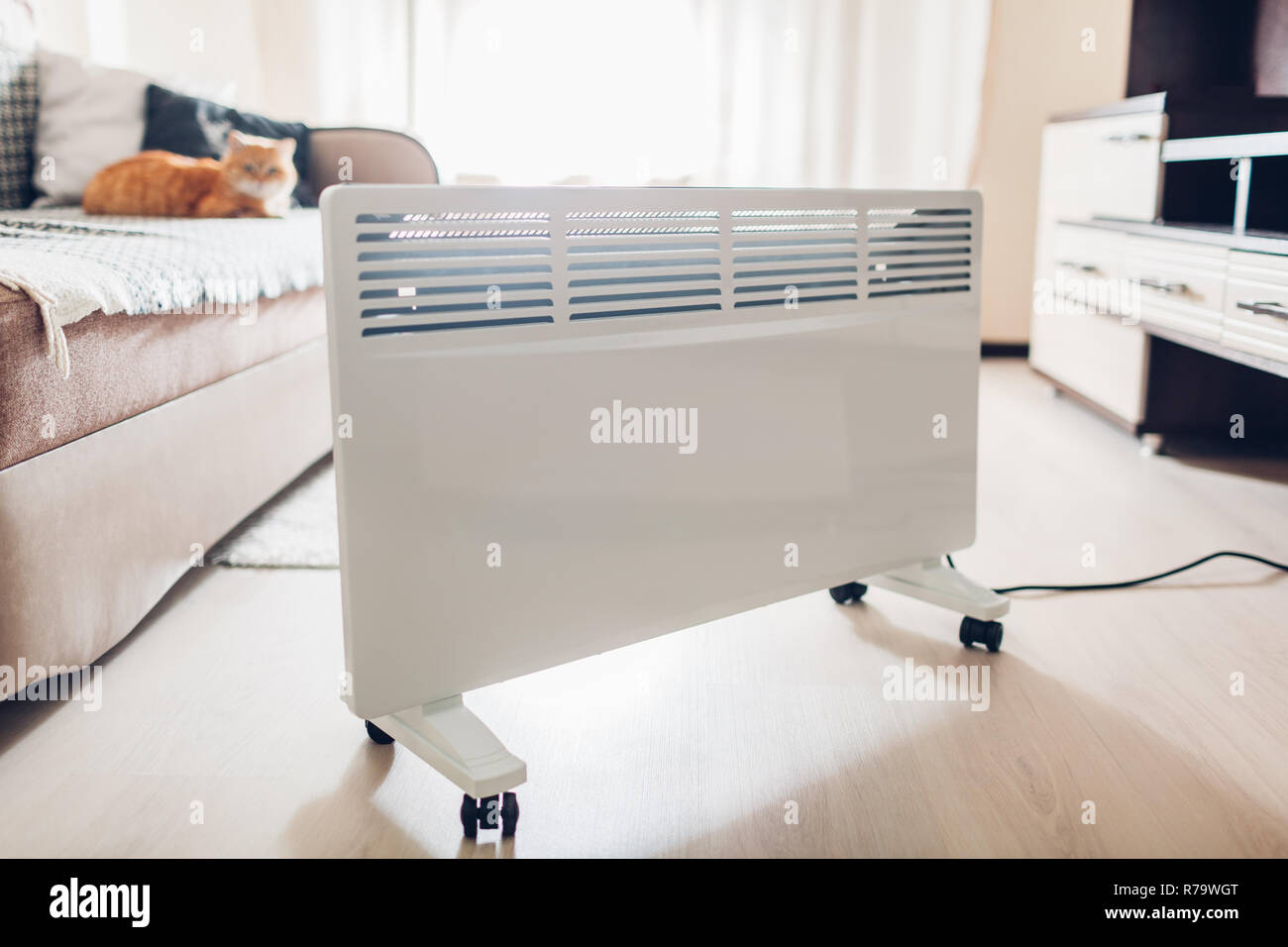 Using heater at home. Heating season. Cat warming sitting by device in