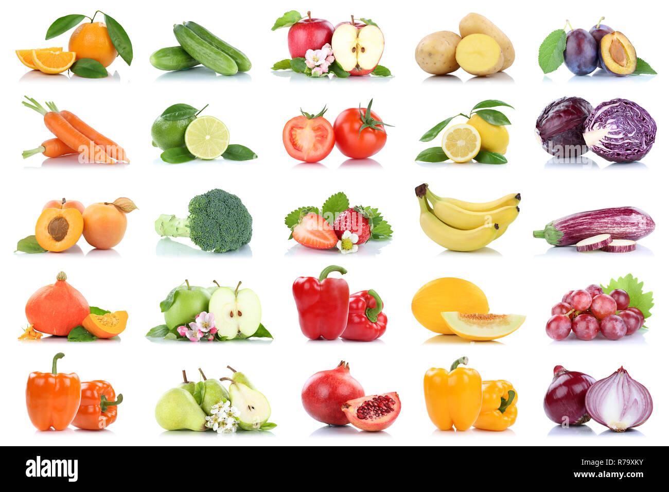 fruits and vegetables fruits many apple tomatoes oranges onion colors cut out isolated Stock