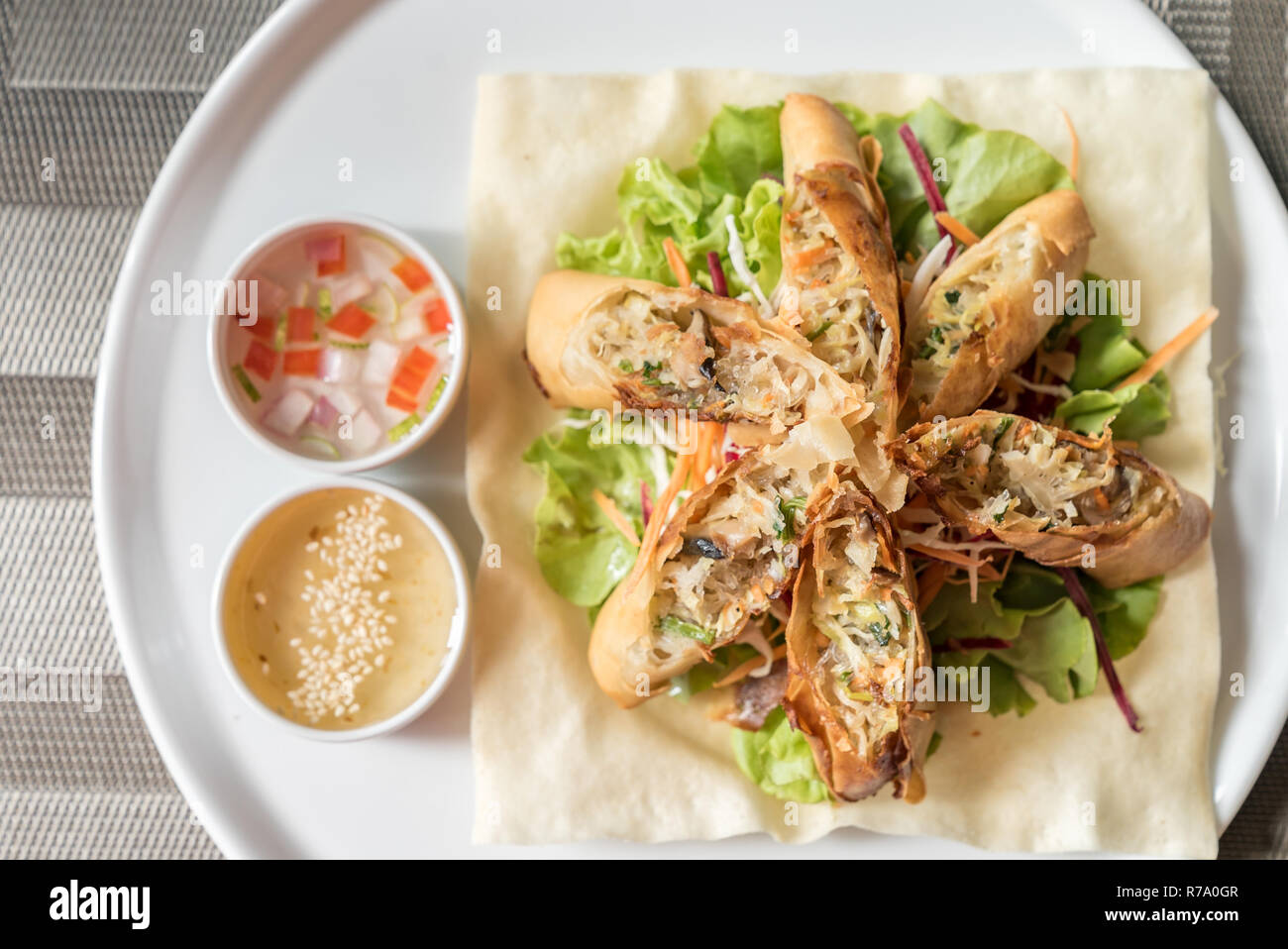 Deep fried Spring roll in white plate Thai food Stock Photo
