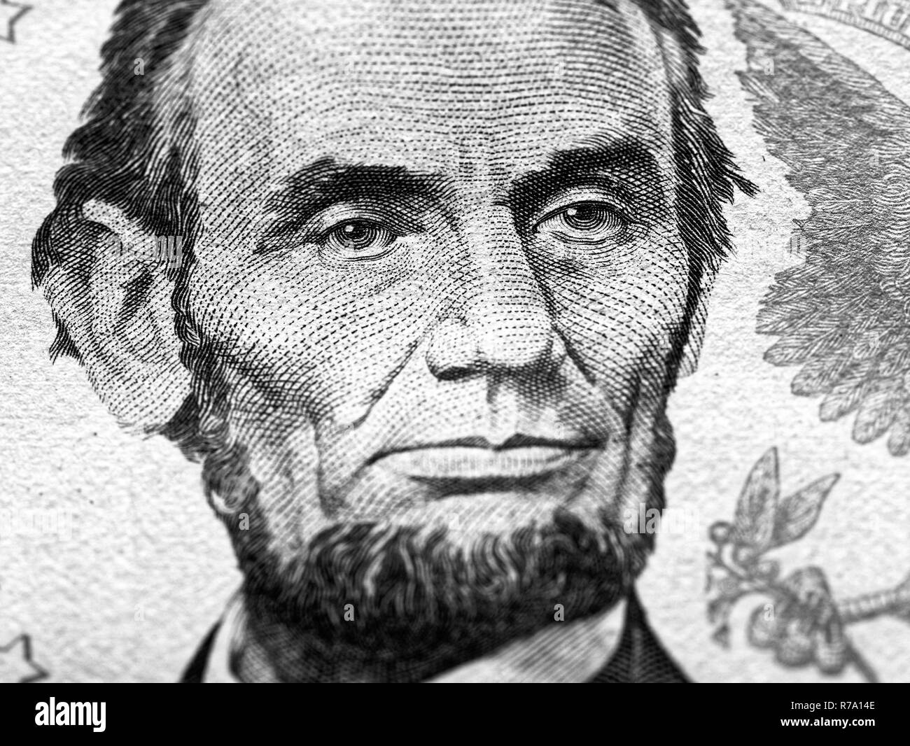Abraham Lincoln portrait macro on 5 dollars money usa or american banknote Stock Photo