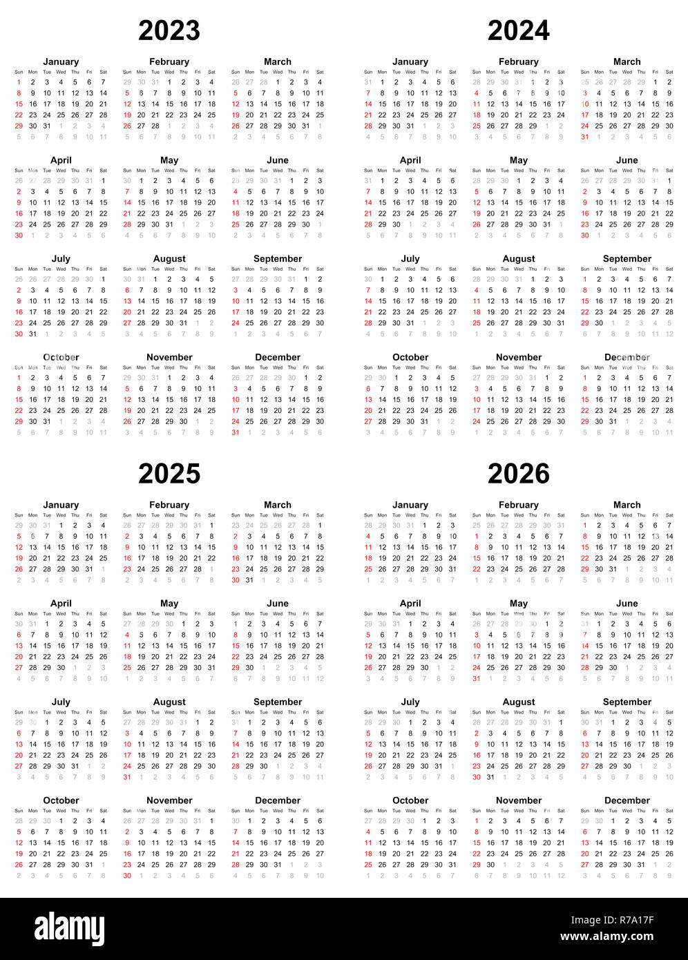 Annual plain calendar sunday first day 2023 2024 2025 2026 Stock Photo