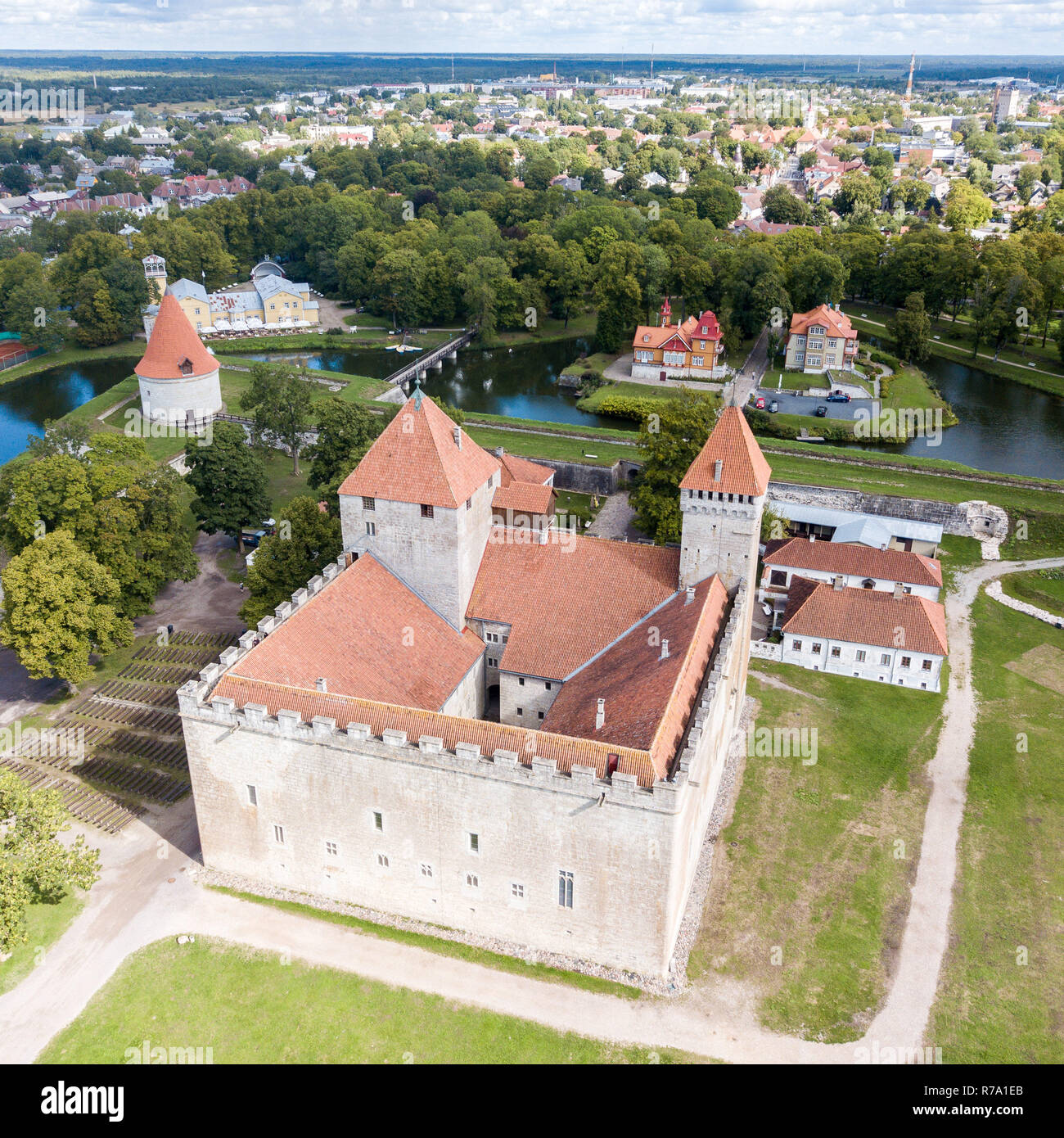 Fortifications of Kuressaare episcopal castle (star fort, bastion fortress) built by Teutonic Order, Saaremaa island, western Estonia, aerial view. Stock Photo