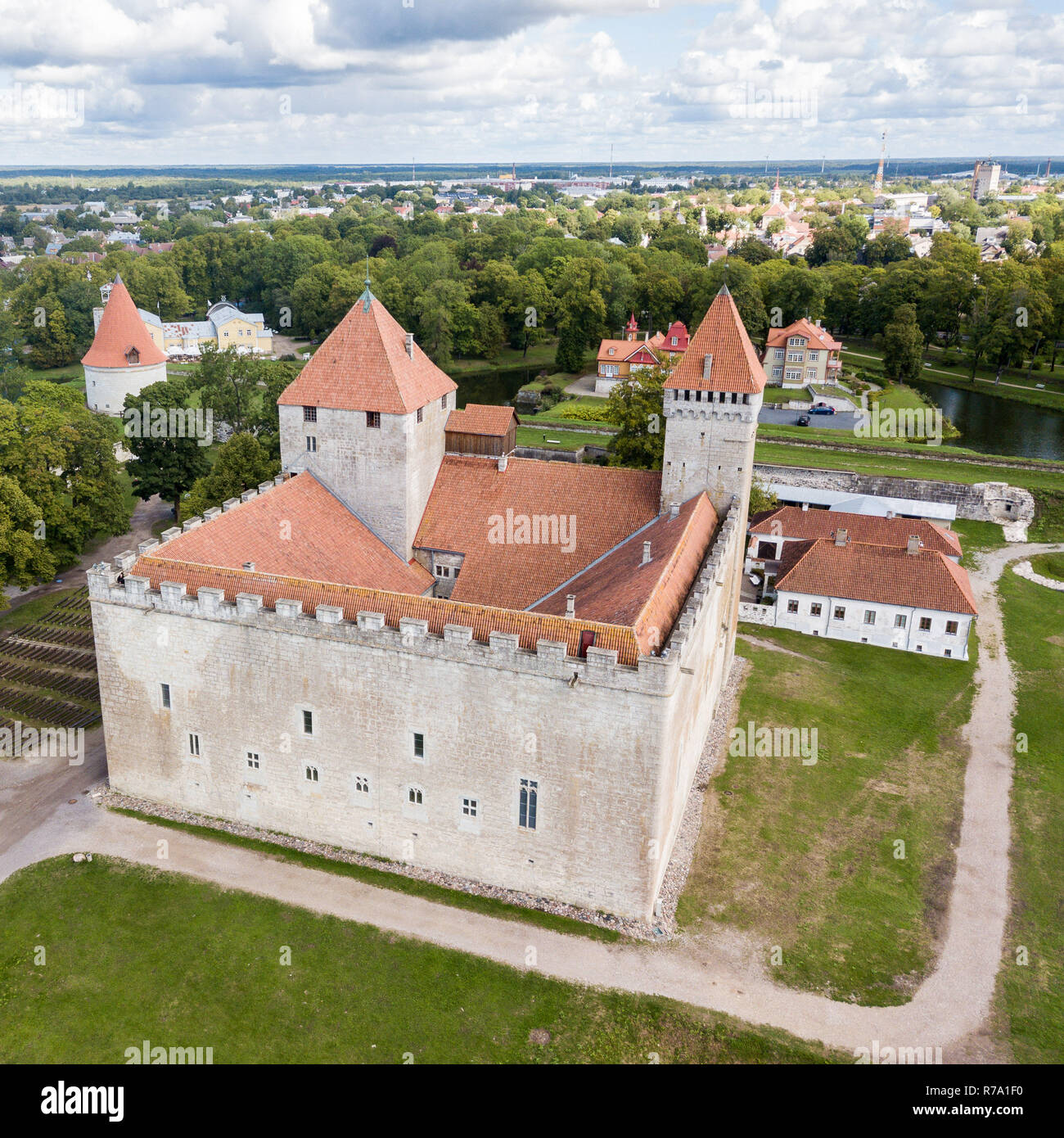 Fortifications of Kuressaare episcopal castle (star fort, bastion fortress) built by Teutonic Order, Saaremaa island, western Estonia, aerial view. Stock Photo